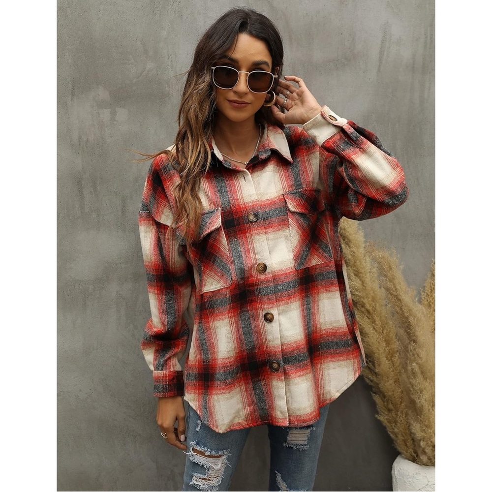 Flannel Plaid Shirt Loose Lapel Button Up‎ Brushed Shacket Size Medium